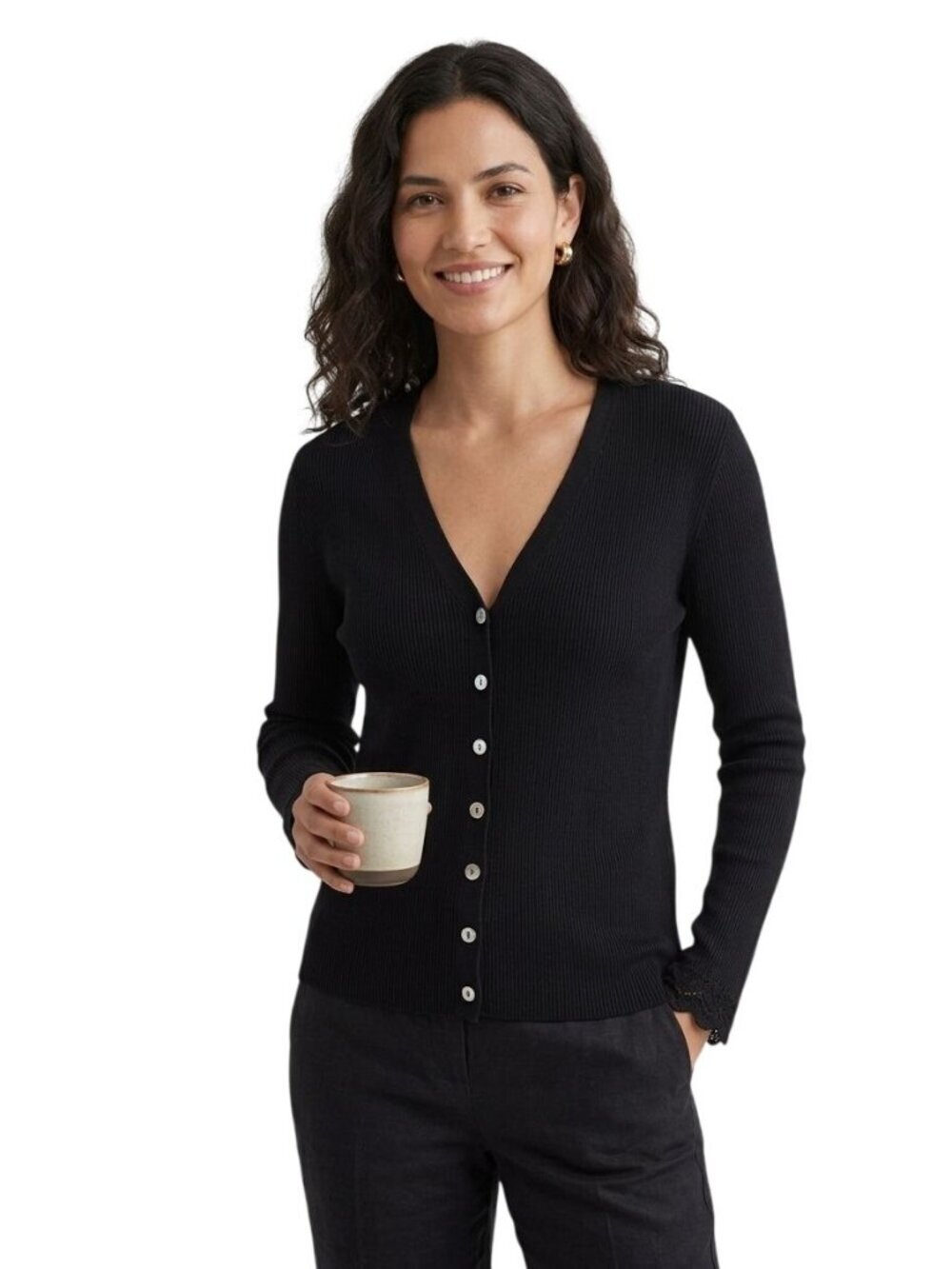 Valerie Stevens Silk Blend V Neck Black Classic Cardigan Sweater Size XL